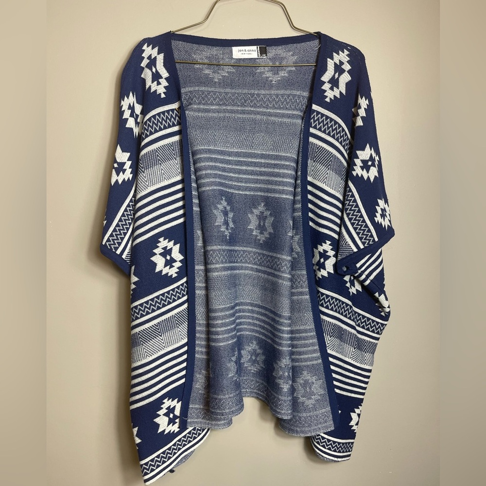 Jon Anna Open Poncho Cardigan Size Large XL Blue Southwests Short Sleeve Casual